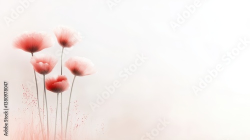 Striking red flowers on pure white, minimalist floral photography composition three