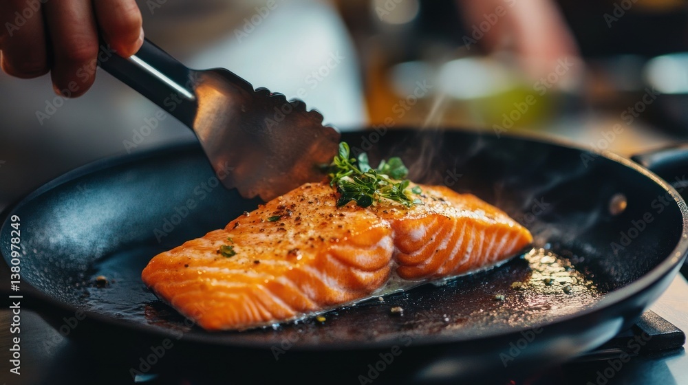 Cooking Salmon Fillet in a Pan with Fresh Herbs and Seasoning