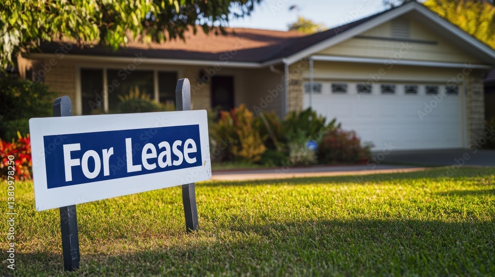House for Lease Sign in Front Yard of Suburban Home