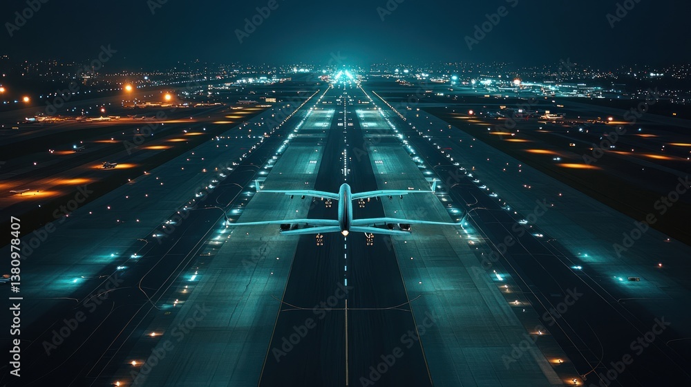 Airplane Taking Off on Runway at Night with City Lights
