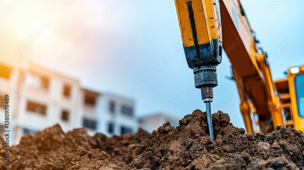 Obraz premium Ore resource extraction Concept, Heavy Machinery Drilling Rig Boring Deep Into the Earth for Extraction of Natural Resources