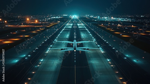 Obraz na płótnie Airplane Taking Off on Runway at Night with City Lights w salonie