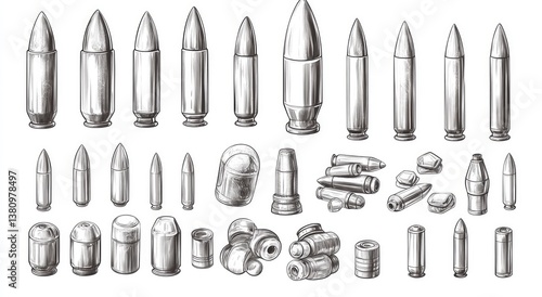 Hand-Drawn Bullet and Cartridge Collection: Grayscale Illustrations