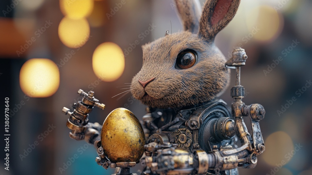 Steampunk Rabbit Holding Golden Egg Detailed Mechanical Gear Illustration
