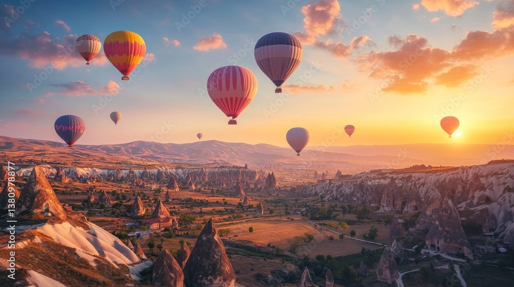 Hot Air Balloons Floating Above Cappadocia Landscape During Sunset Adventure