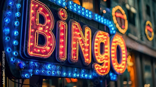 Bright neon bingo sign in vibrant city at night attracting players and passersby to join the excitement of the game