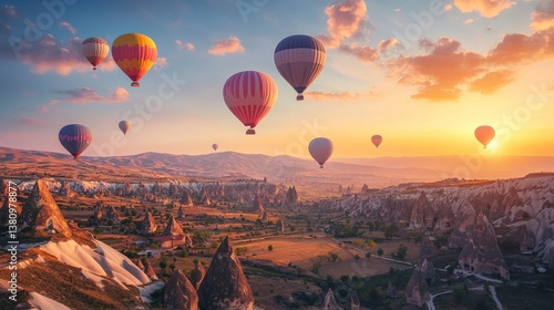 Obraz na płótnie Hot Air Balloons Floating Above Cappadocia Landscape During Sunset Adventure w salonie