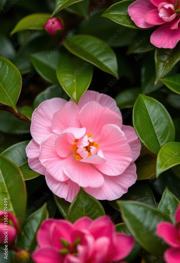 Fototapeta premium Delicate pink camellia nestled in vibrant green foliage, closeup shot, elegant, greenery