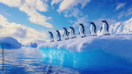 Obraz na płótnie Penguins Standing on Iceberg Floating in Ocean Under a Cloudy Sky w salonie