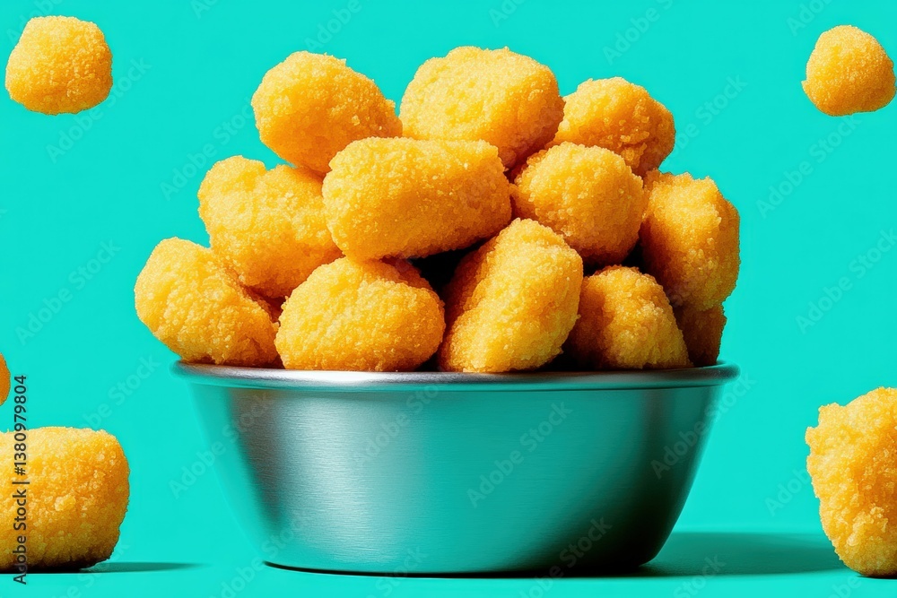 Tater tots piling up in a bowl on turquoise background Tater tots piling up in a bowl on turquoise background