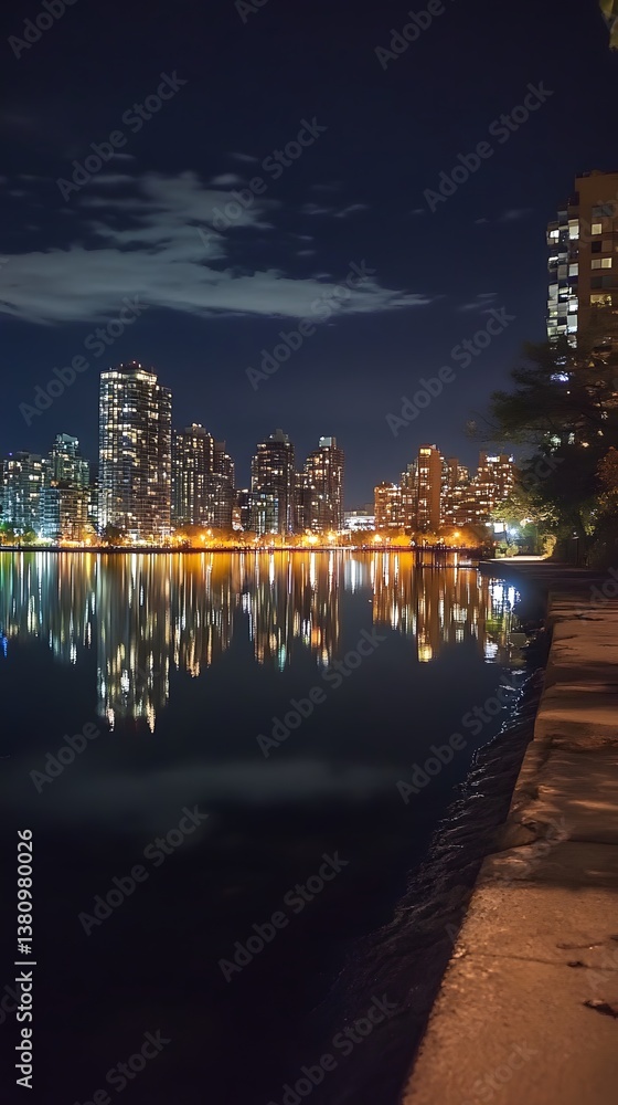 Fototapeta premium A quiet night at a waterfront with the skyline reflecting off the calm water