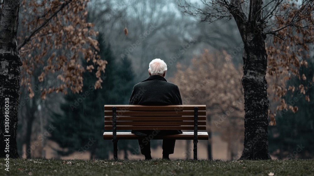 Fototapeta premium An elderly man sitting alone on a park bench, staring into the distance, conveying nostalgia and solitude.