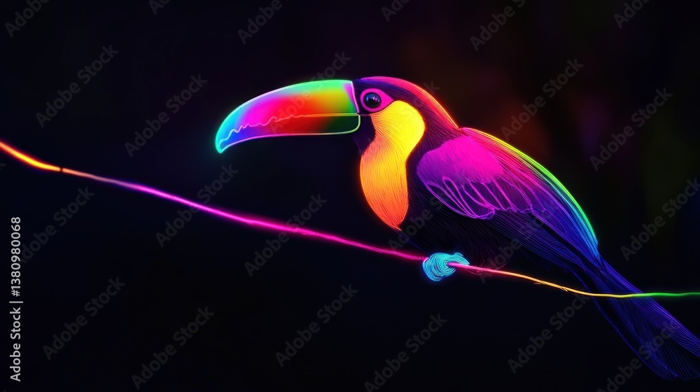 Colorful Toucan Perched on Branch with Vibrant Neon Glow
