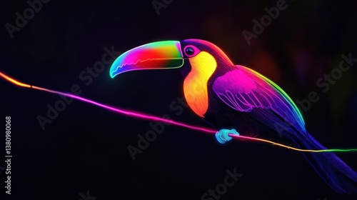 Obraz na płótnie Colorful Toucan Perched on Branch with Vibrant Neon Glow w salonie