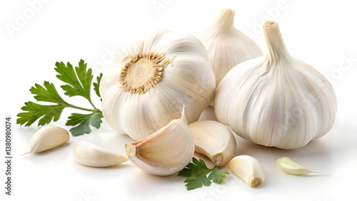 Fresh garlic bulbs and cloves with parsley.