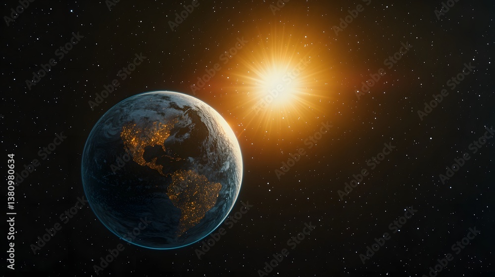 Fototapeta premium Beautiful sunrise on the planet Earth with blue glowing light