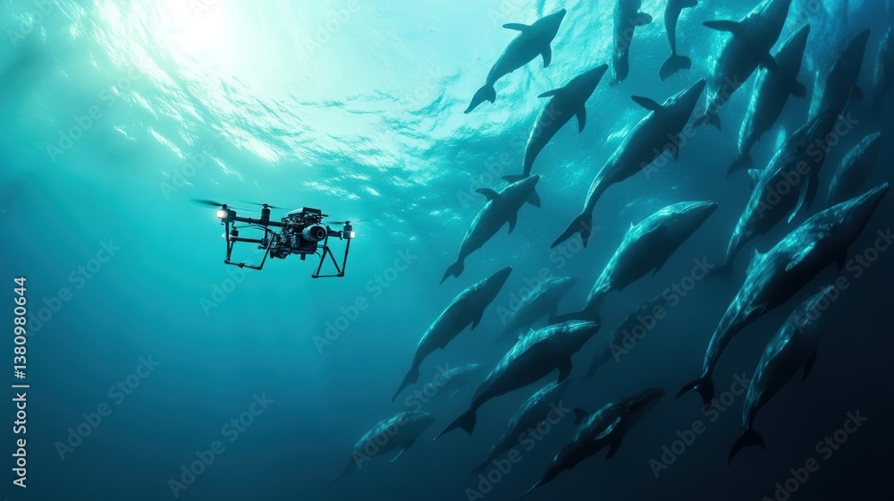 Drone Observing Group of Dolphins Swimming Underwater in Ocean Habitat