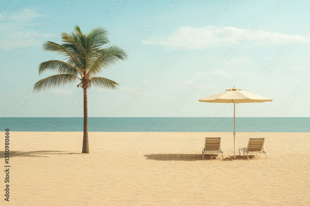 Relaxing tropical beach with palm tree, umbrella and sunbeds invites to vacation Relaxing tropical beach with palm tree, umbrella and sunbeds invites to vacation