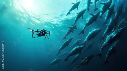 Drone Observing Group of Dolphins Swimming Underwater in Ocean Habitat
