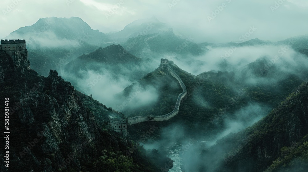 Winding Wall Landscape Across Misty Mountains for Travel Adventure Concept