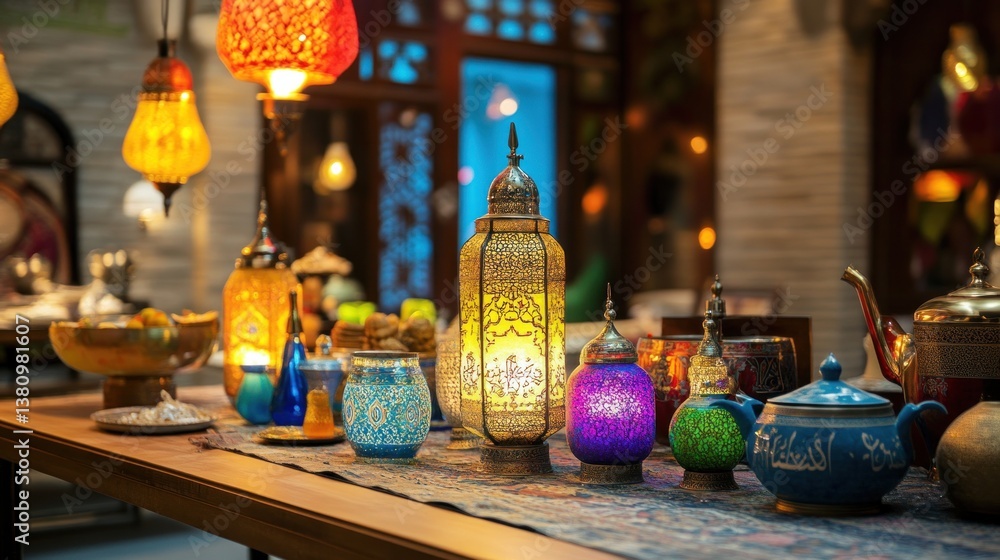 Decorated Table with Middle Eastern Lanterns and Teapots Creating Ambiance