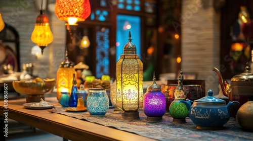 Obraz na płótnie Decorated Table with Middle Eastern Lanterns and Teapots Creating Ambiance w salonie