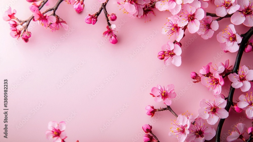 Cherry blossom branches arranged in a circular frame, vibrant pink petals contrasting softly against a blurred pink background. Cherry blossom branches arranged in a circular frame, vibrant pink petals contrasting softly against a blurred pink background.