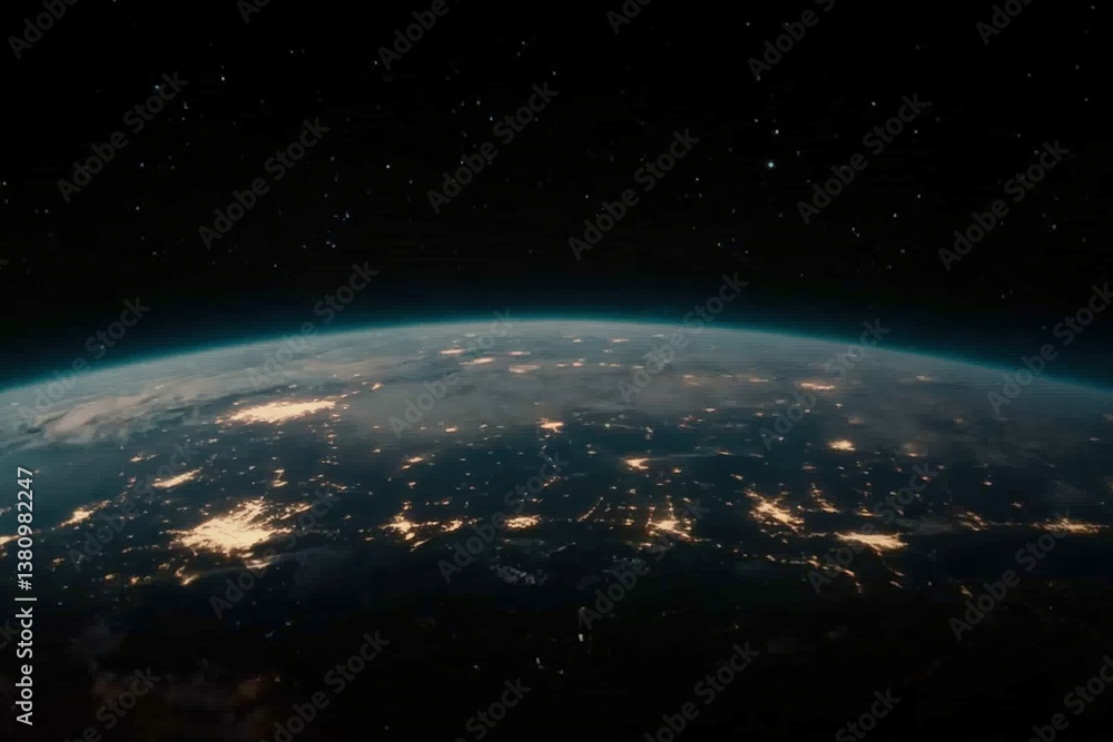 Obraz premium Earth rotating in space showing night city lights and stars