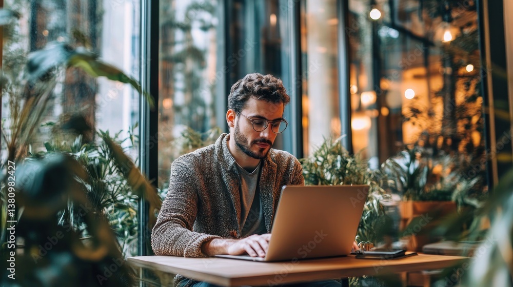 Man Using Laptop in Cafe Surrounded by Plants, Focusing on Screen