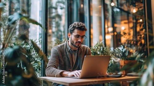 Man Using Laptop in Cafe Surrounded by Plants, Focusing on Screen