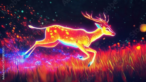 Obraz na płótnie Running Deer Glowing with Warm Colors in Dark Fantasy Setting w salonie