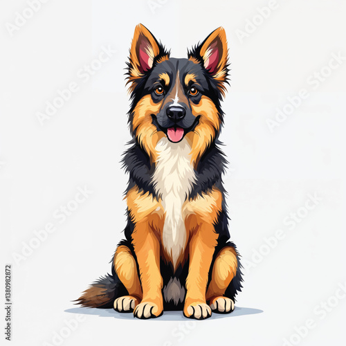 A cute brown and white German Shepherd puppy, a domestic canine breed, sits for a furry portrait in a studio