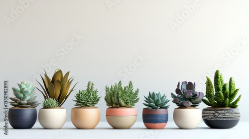 Wallpaper Mural Colorful succulents in various pots arranged on a white surface against a minimalist background Torontodigital.ca