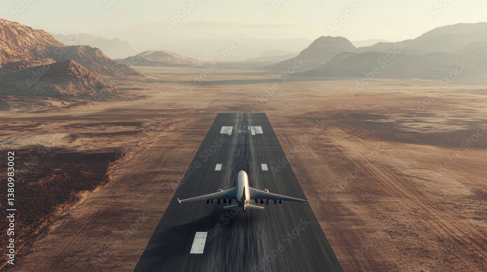 Airplane Taking Off on Desert Runway with Mountains in Background