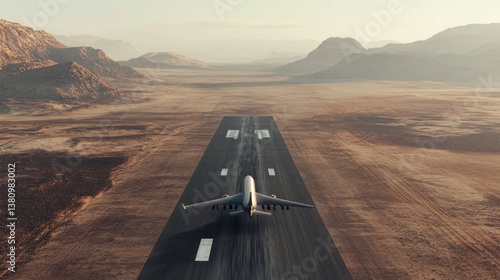 Obraz na płótnie Airplane Taking Off on Desert Runway with Mountains in Background w salonie