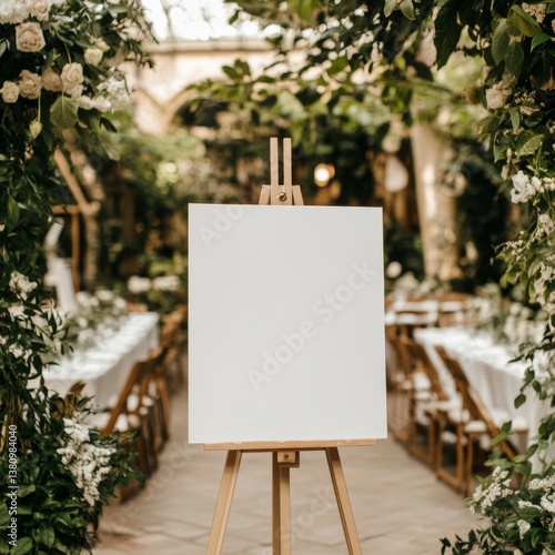 Blank easel sign at outdoor garden wedding reception