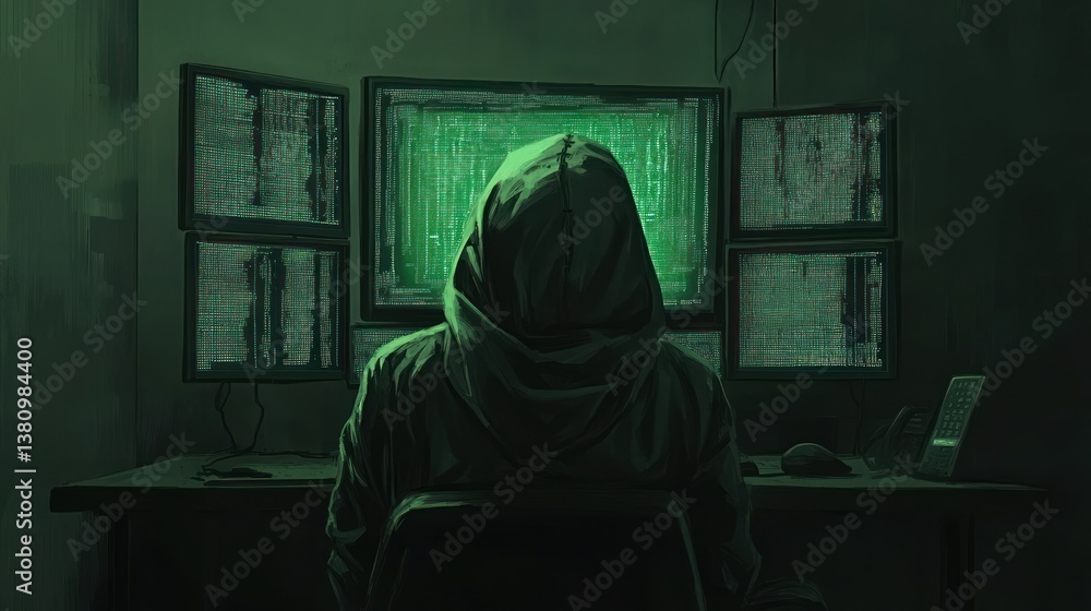 Person in Hoody Viewing Green Computer Screens in Dark Room