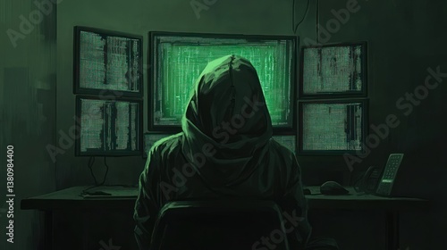 Obraz na płótnie Person in Hoody Viewing Green Computer Screens in Dark Room w salonie