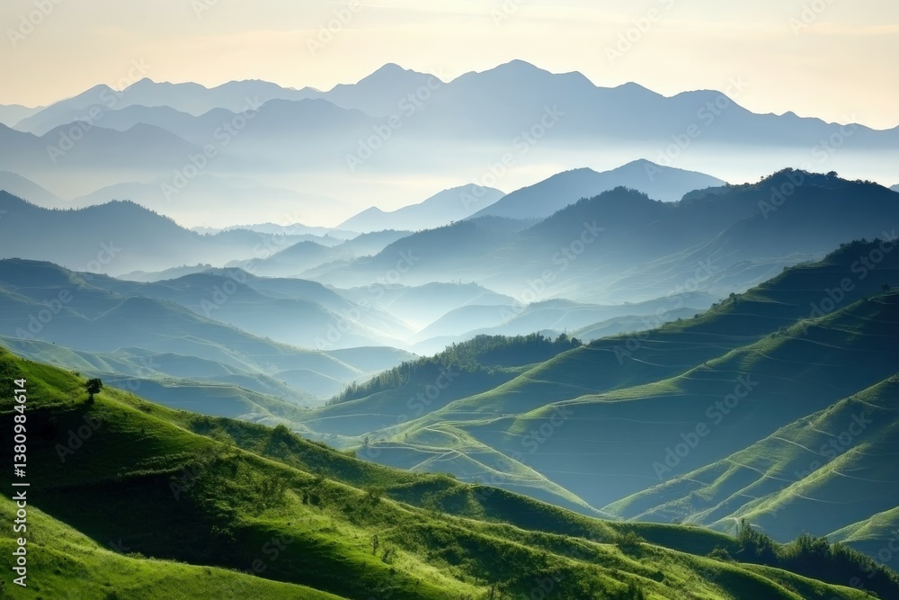Green hills and mountains stretching into the misty distance Green hills and mountains stretching into the misty distance
