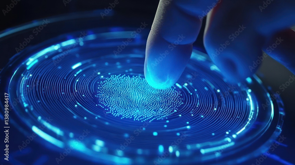 Finger Touching Blue Glowing Fingerprint Scan for Identification or Access