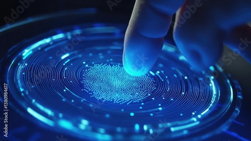 Obraz na płótnie Finger Touching Blue Glowing Fingerprint Scan for Identification or Access w salonie