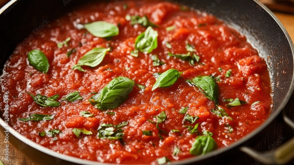 Simmering Fresh Tomato Sauce with Basil in a Pan on Wood