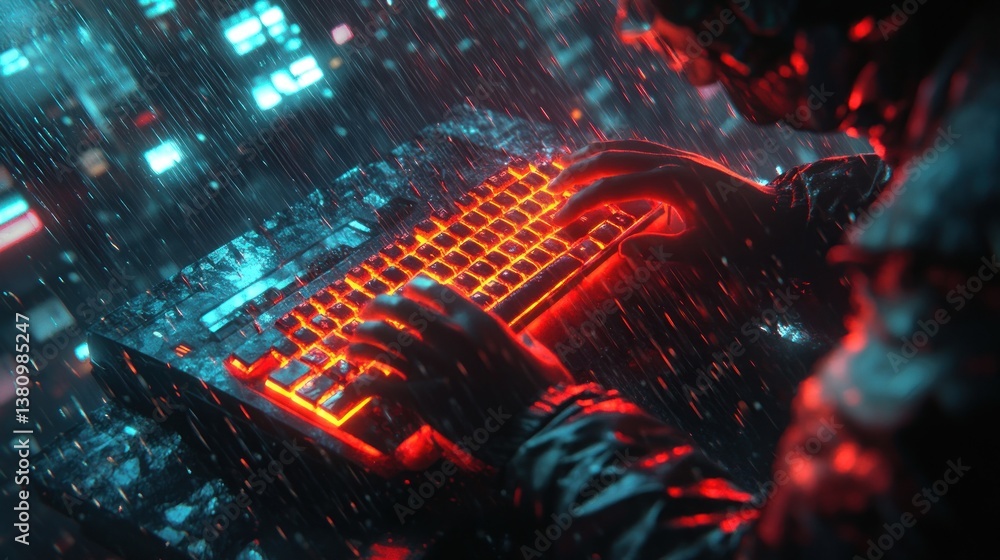 Typing on Glowing Keyboard in the Rain at Night with Cityscape