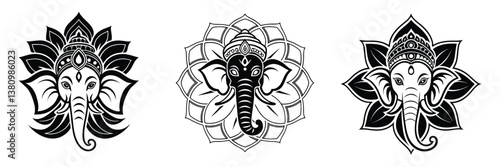 Lord Ganesha Black and White Vector Illustration Set – Hindu God Ganpati Mandala Art