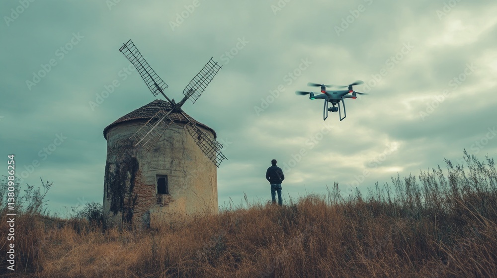 Flying Drone Near Old Windmill While Man Watches on Overcast Day