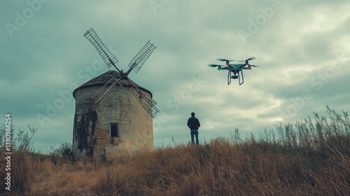 Obraz na płótnie Flying Drone Near Old Windmill While Man Watches on Overcast Day w salonie