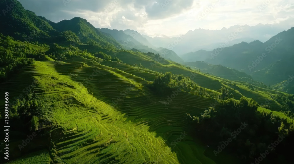 Aerial View of Lush Green Rice Terraces in Hilly Landscape