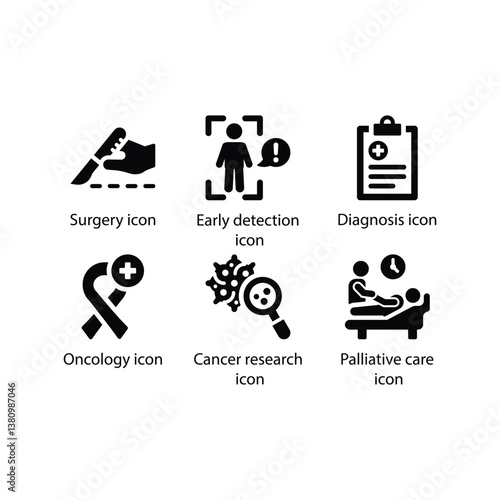Surgery, Early detection, Diagnosis, Oncology, Cancer research, Palliative care , Black Icon Set