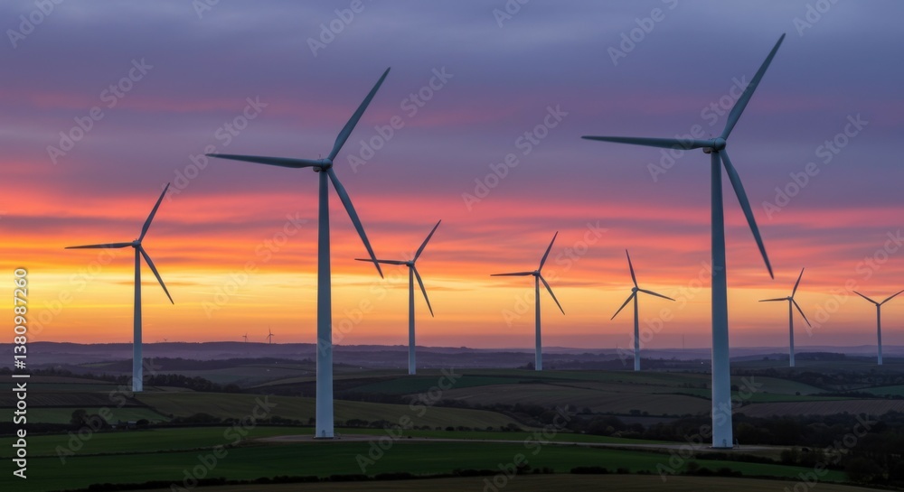 Massive wind turbines generate clean energy under a breathtaking evening sky Massive wind turbines generate clean energy under a breathtaking evening sky
