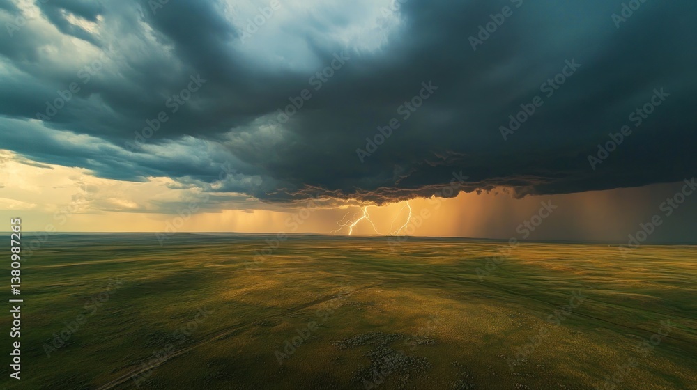 Lightning Strikes During Storm Over Vast Grassy Plain Landscape